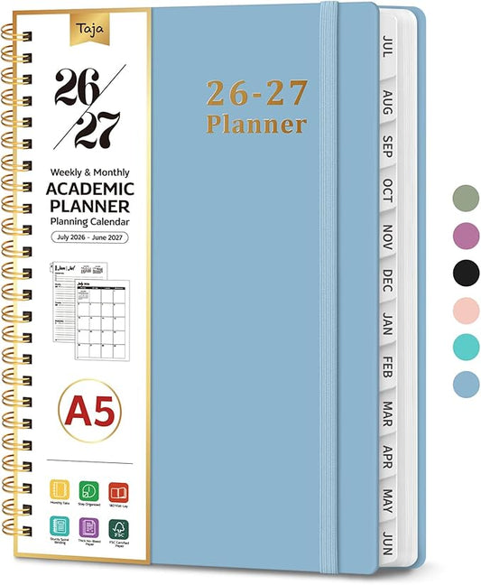 Planner 2026-2027, 6.3" x 8.5" Weekly and Monthly Academic Year Planner Calendar, July 2026 - June 2027, Hardcover Large School Planning Agenda With Tabs, Perfect for School & Office Supplies, A5, Baby Blue