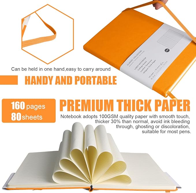 Lined Journal Notebook, 6Pack Hardcover Notebook for Men & Women – Journals for Writing, Work, School, Home & Daily Notes, 160 Pages – Medium A5, 5.7"x8", 100 gsm Thick Paper (Orange)
