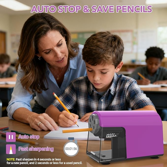 AFMAT Electric Pencil Sharpener for Classroom, 6 Holes, Cordless & Rechargeable, Fast Sharpen, Auto Stop, 10K+ Uses, Heavy Duty Pencil Sharpener for 6-11mm No.2/Large/Colored Pencils PSD2(Purple)