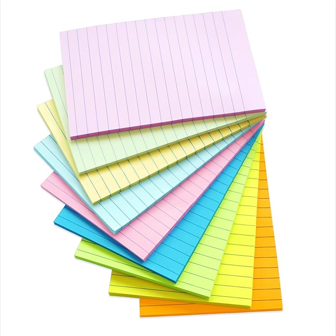 HQCME 9 Pack Lined Sticky Notes 4X6 in Post, 9 Pastel Colors Large Ruled Post Sticky Colorful Super Sticking Power Memo Pads Strong Adhesive, Sticky Notes with Lines Office, Home, 35 Sheets/pad