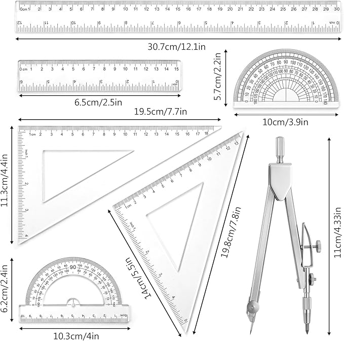 7 Pcs Geometry Ruler Protractor and Compass Set, Math Ruler Kit with 1 Metal Compass, Precision Drawing Tools for Drafting Architect Engineering