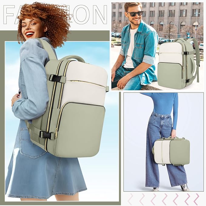 ZOMFELT Travel Backpack for Women Men, 18 x 14 x 8 inch Carry on Backpack | 17.3 inch Laptop Backpack Flight Approved, Personal Item Travel Bag Casual Daypack for Weekender Business Trip, Green