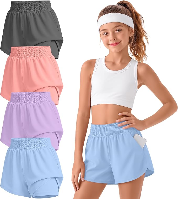 4 Pack Girls Athletic Shorts 2 in 1 Quick Dry High Waist Tween Shorts with Liner Kids Back to School Running Shorts