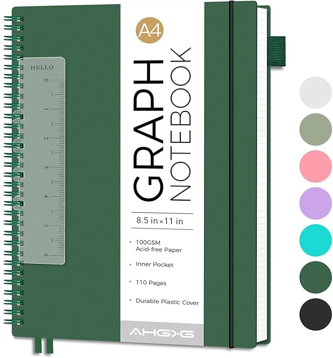 AHGXG Graph Paper Notebook - Spiral Notebook 8.5" x 11", A4 Large Graph Notebook, 100 gsm Thick Grid Paper, Waterproof Plastic Cover Journals for School Writing Engineering Math, Green