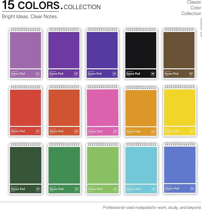 Steno Pads 6 x 9 Colored Spiral Steno Notebooks Gregg Ruled 15Pack
