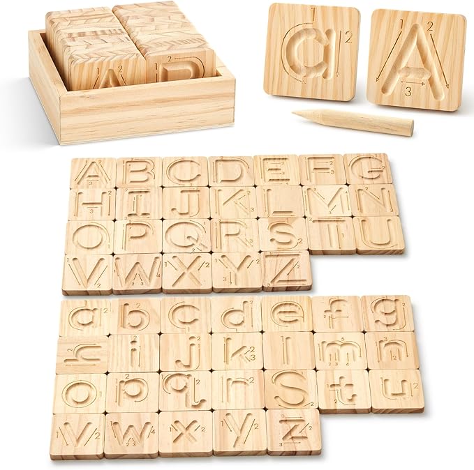 Alphabet Tracing Board for Kids Montessori Wooden Letter Tracing Set, 26 Double Sided Uppercase & Lowercase Boards with Arrows, Handwriting Practice Toy with Stylus & Storage Box