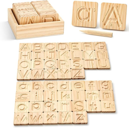 Alphabet Tracing Board for Kids Montessori Wooden Letter Tracing Set, 26 Double Sided Uppercase & Lowercase Boards with Arrows, Handwriting Practice Toy with Stylus & Storage Box
