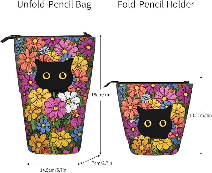 Black Cat Flower Girls Boys Standing Pencil Case Kids Kids Telescopic Stationary Pouch with Zipper Large Capacity Stand up Pen Bag Portable Makeup Holder for Children School Students Office Supplies