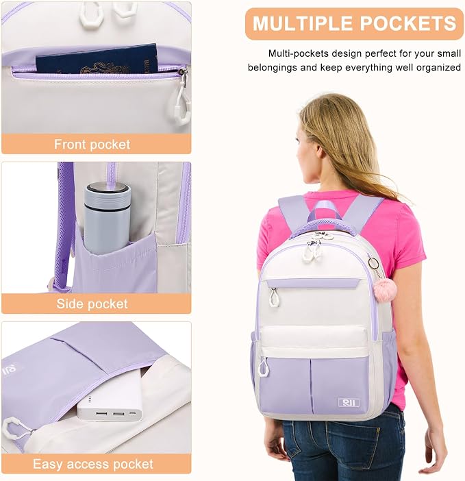 School Backpack for Teen Girls & Women, Lightweight Waterproof 15.6 Inch Laptop Backpack, High School College Travel Bookbag with Ergonomic Design, Light Purple