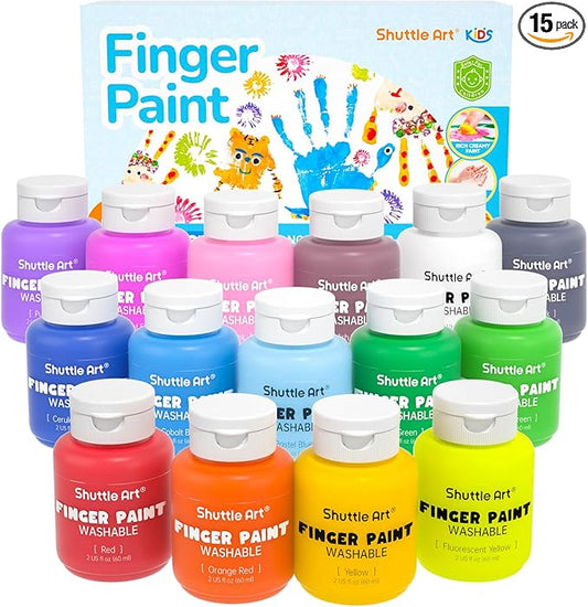 Shuttle Art Washable Finger Paint Set, 15 Colors (2 fl oz) Toddler Paint, Non-Toxic Finger Painting for Toddlers, Kids Arts and Crafts