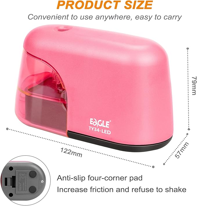 Eagle Electric Pencil Sharpener, Battery Powered Sharpener, LED Light Shinning During Sharpening, Portable, with Reusable and Replaceable Blade, Suitable for Kids, Ideal School Office Supplies (Pink)