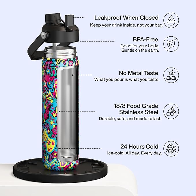 ENCOOL Insulated Water Bottle with Straw Stainless Steel Water Bottle, Leak-Proof, BPA-Free, Double Wall Vacuum Keeps Cold for 24 Hours for Sports, Travel, School (26 oz, Graffiti Crown)