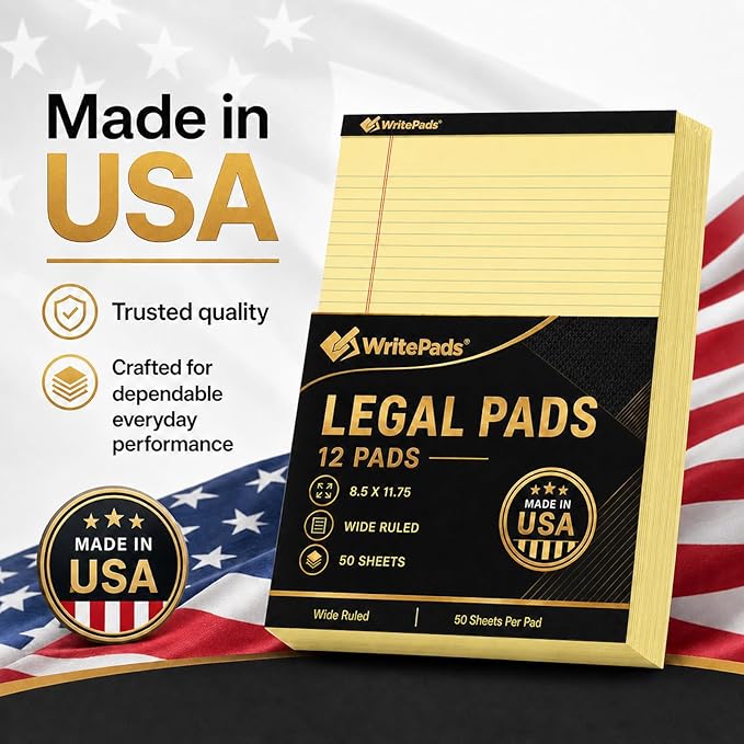 Legal Pads 8.5 x 11.75 Inch Wide Ruled Writing Pads, 12 Pack Note Pads - Yellow Perforated Paper with Hard Back, 50 Sheets Per Pad, No Bleed Notepad Paper for Office, School, Business MADE IN USA