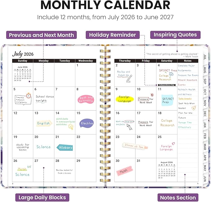 Planner 2026-2027, Academic Planner Weekly and Monthly, Jul 2026 - Jun 2027, Spiral Bound School Planning Tool with Tabs and Pocket, Perfect for Students & Teacher, 8.5" x 11", Purple Blocks