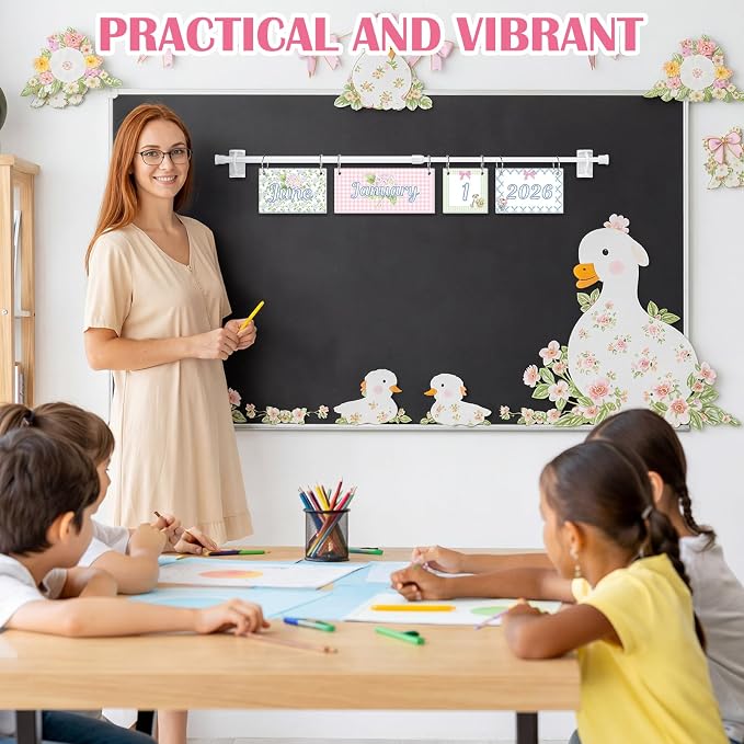 TecUnite Goose Flip Calendar Bulletin Board Decor Set Blue Grandmillennial Adjustable Calendar Holder Includes 2026-2029 Year 54 Cards for Preschool Elementary Classroom Back to School Supplies