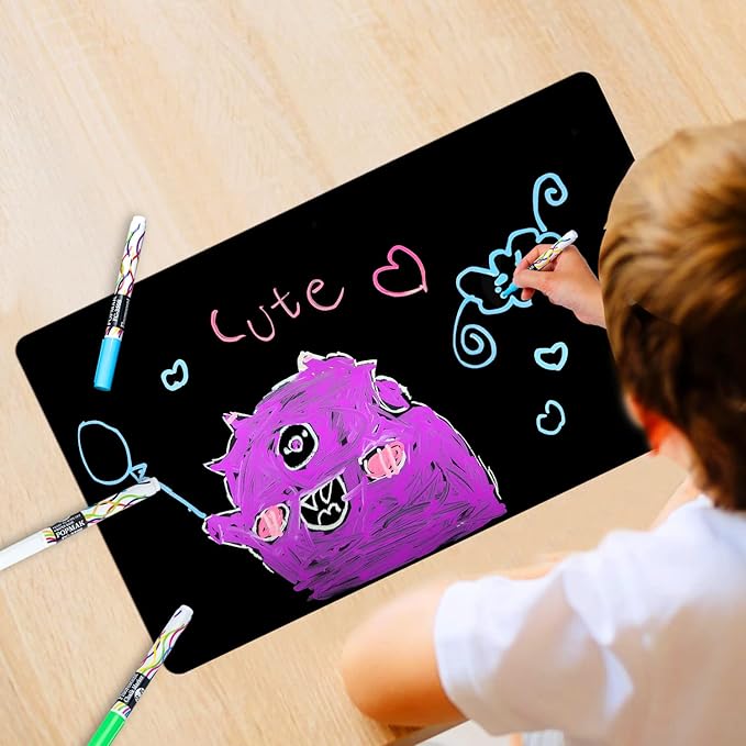Magnetic Black Dry Erase Board Sheet 12" x 8" for Fridge, Easy to Read with 3 Bright Colors Chalk Markers, Small Refrigerator Magnet Whiteboard for Family Planner Grocery List