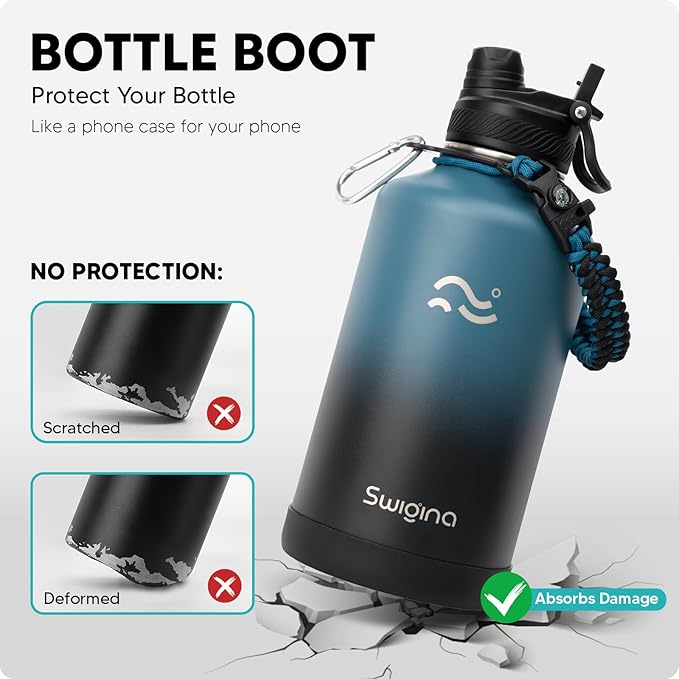 Swigina 64 oz Insulated Water Bottle with Silicone Boot (48hrs Cold/24hrs Hot) - DIY Stickers, Leakproof, BPA Free, Half Gallon [2-IN-1 LID]
