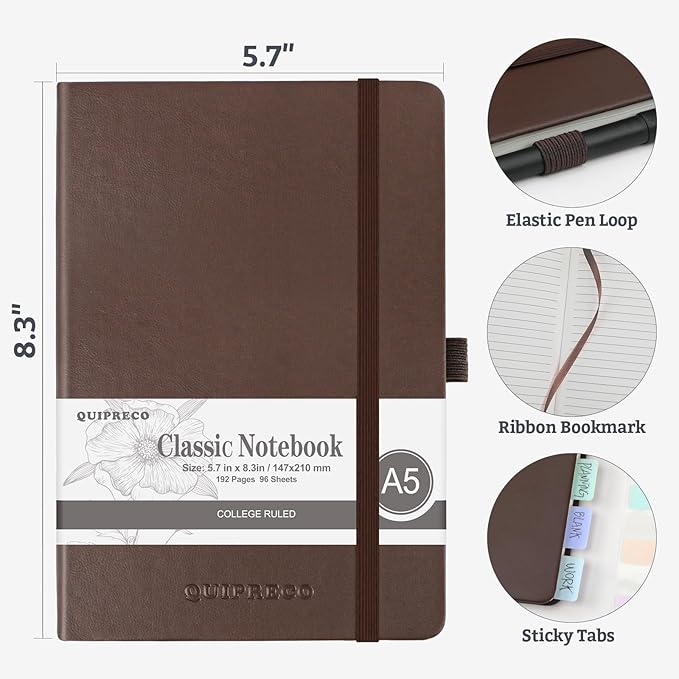 2Pack Lined Hardcover Journal Notebook, A5 192 Pages 100Gsm Thick Paper College Ruled for School,Note Taking,Work,Diary，5.7''*8.3'',Brown