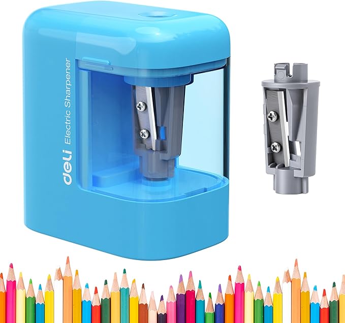 deli Electric Pencil Sharpener, Portable Pencil Sharpener for No.2 Pencils Colored Pencils, Battery Powered Electric Pencil Sharpener for School, Home, Office, Blue