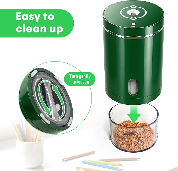 Fully Automatic Electric Pencil Sharpener,Rechargeable smart Pencil Sharpener.Suitable for No. 2/Colored Pencils (6-8 mm),Applicable to School/Classroom/Office/Home（Green）