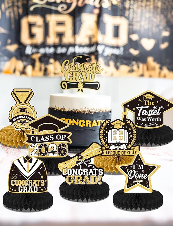 9Pcs Graduation Centerpieces for Tables 2026 - Graduation Table Decorations Black and Gold Honeycomb Centerpiece Class of 2026 Congratulate Table Toppers Congrats Grad Party Supplies