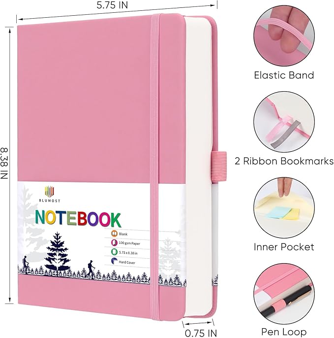 Blank Paper Notebook - 280 Pages A5 Blank Journal Notebook with 100gsm Thick Blank Paper, Hardcover, PU Leather, 5.75'' × 8.38''-Pink