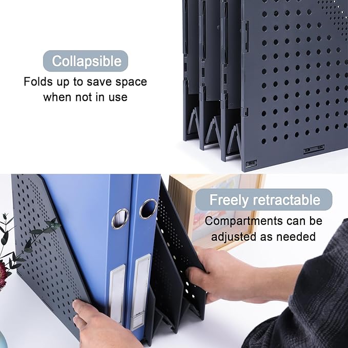 FRETONBA Collapsible Magazine File Holder with 3 Vertical Compartments Foldable Binder Holder for Desk Binder Storage Organizer Plastic Magazine Holders for Shelf, Dark Gray
