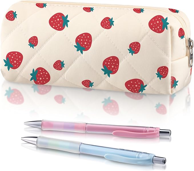 Sherr Strawberry Pencil Case Cute Fruits Pencil Pouch Soft Cotton Quilted Storage Bag Aesthetic Pattern Gift Makeup Pouch Cosmetic Travel Bag for Women