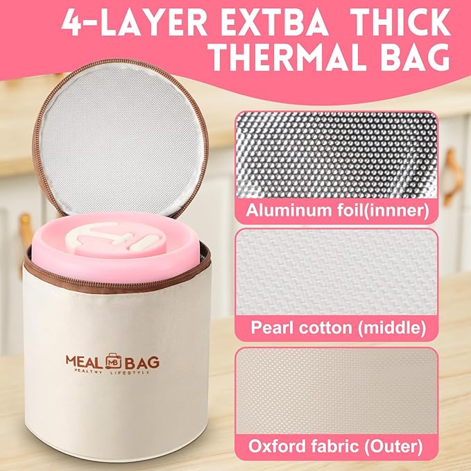 Dandat 2 Pcs Portable Insulated Lunch Containers Thermal Bento Box with Bag Fork Knife Microwavable Stainless Steel Lunch Box 15.2 oz 21 oz Separate Stackable Food Jar for Adult Men Women(Pink)