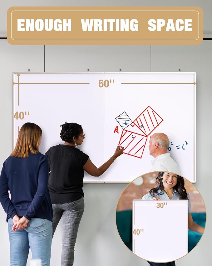 60"X 40" Large Magnetic Dry Erase Whiteboard, Wall Hanging Board with 4 Pens & 1 Dry Erasers & 6 Magnets, Sliver Aluminum Frame White