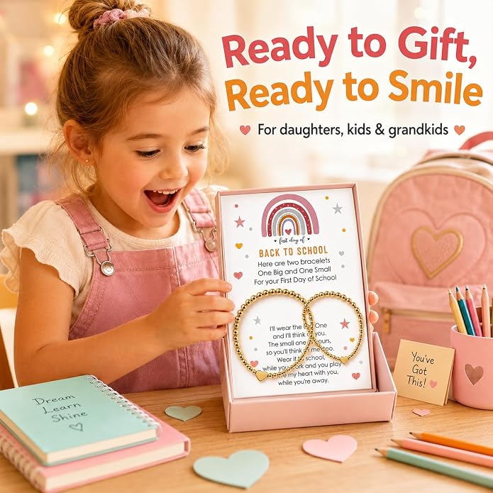 Back to School Bracelets Heart Matching Mommy and Me Elastic Wish Strings Bead Bracelets First Day of School Supplies Gifts