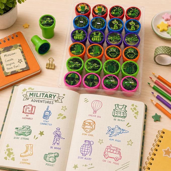 Cinrobiye 24 Pcs Military Theme Pre-Inked Stampers for Kids, Army Party Favor Stamp Set with 12 Unique Soldier Designs, Classroom Rewards, Birthday Party Supplies, Goodie Bag Fillers, Carnival Prizes