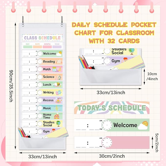 Kolldenn Daily Schedule Pocket Chart, 13+1 Scheduling Pocket Chart with 32 Pieces Reusable Cards Visual Schedule for School Office Home Preschool Activity(Pastel)