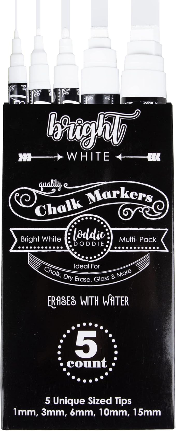 Loddie Doddie Liquid Chalk Markers - Pack of 5, Multi-Tip 1-15mm, White - Versatile Chalk Art for Blackboard & Window - Fine Tip Ink Pen for Intricate Designs - Erasable Dry Erase Markers