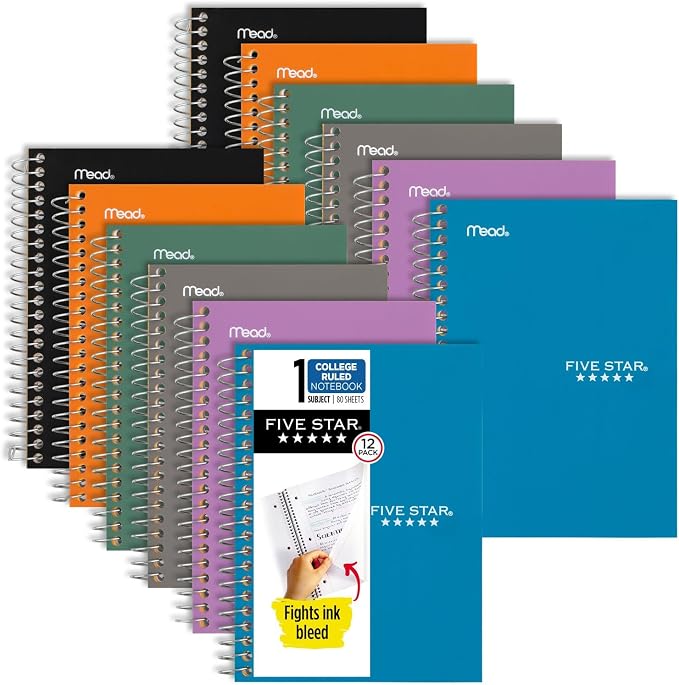 Five Star Spiral Notebooks, 12 Pack, 1 Subject, College Ruled Paper, 7" x 4 -/8", Personal Size, 80 Sheets, Purple, Orange, Green, Blue, Gray, Black (450048B-ECM)