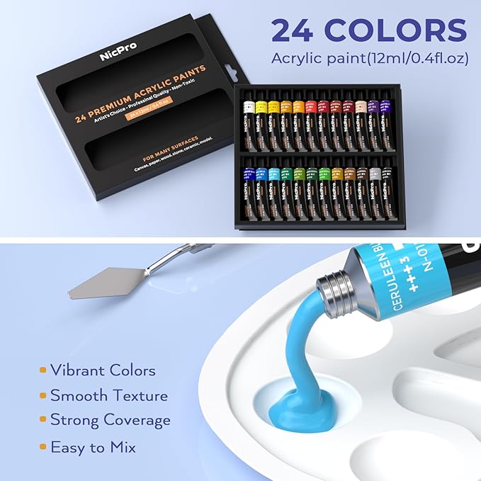 Nicpro 72PCS Kids Painting Set with Pattern Canvas, Art Painting Supplies Kit with 24 Acrylic Paints,10 Brushes, 8 Canvas Panels,Table Easel,Paper Pad,Color Wheel,Palette for Beginner Students