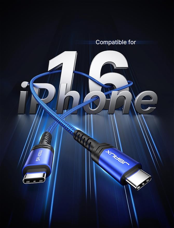 JSAUX 3-Pack USB C to USB C Cable 100W [6.6ft+6.6ft+6.6ft] Compatible with iPhone 17 Air 16 15 Pro Max Samsung Galaxy S25 S24 CarPlay iPad Pro, Type C to C Charger Cable Fast Charging - Blue