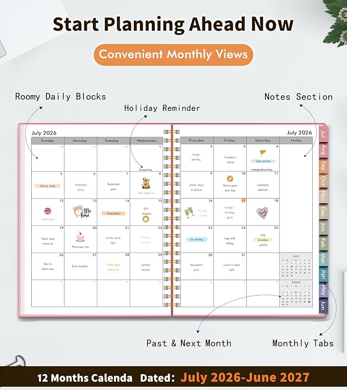 Academic Planner 2026-2027, Weekly and Monthly Calendar Planner from July 2026 - June 2027, 8.5" x 11" A4 Large Daily Agenda Book with Tabs, Flexible Cover, College School Organizer for Student Teacher, Pink