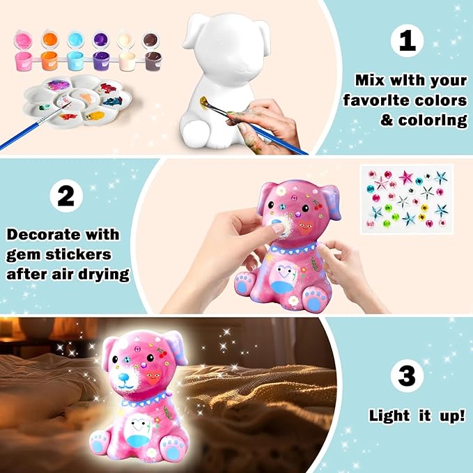 FUNZBO Paint Your Own Dog Lamp Kits - Arts and Crafts Supplies Puppy Painting for Kids Teens, DIY Night Light Dog Toy for Girls Boys Age 3 4 5 6 7 8 9 10 11 12 13 Birthday Gift