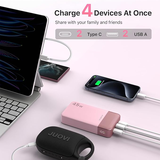 JUOVI Power Bank 45W 20000mAh Portable Charger USB C, PD QC Fast Charging 4-Port(2C+2A) External Battery Pack with LED Display, for iPhone 15 16 MacBook ipad