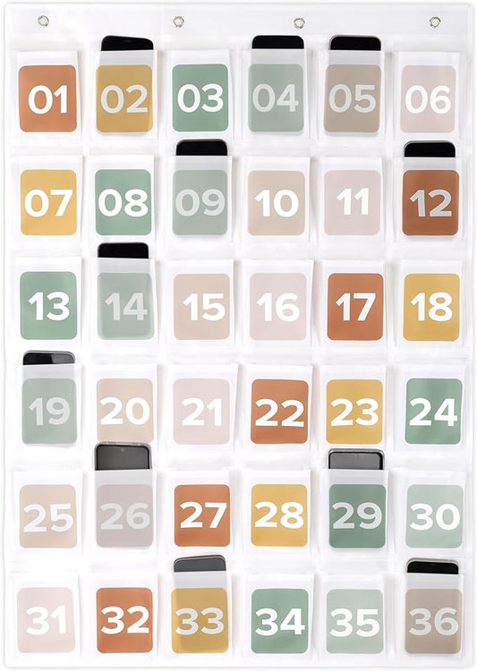 Premium Cell Phone Holder for Classroom - Durable Pocket Chart with 36 Numbered Slots & Hooks - The Perfect Hanging Chart for Phones, Calculators and Headphones Fits Nicely with Any School Decor
