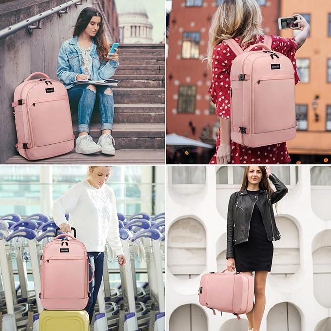 Asenlin Travel Backpack for Women Men,Flight Approved Carry On Luggage 30L Water Resistant Business Laptop Backpacks Fits TSA 15.6 Inch Computer College Weekender Outdoor Hiking-Pink