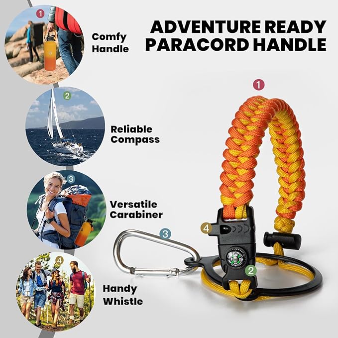RAYMYLO Insulated Water Bottle 87 oz, Triple Wall Vacuum Stainless Steel (Cold for 48 Hrs), Leak Proof & Non-BPA, Modern Water Flask Jug with Paracord Handle & Straw Spout Lids, Ombre Orange