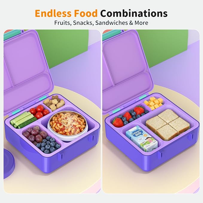 Bento Box for Kids, Lunch Box with Sticker for School | DIY Sticker Fun, Quick Lunch Packing, 4-Compartment Design, Insulated Food Jar, BPA-Free, Leak-Proof