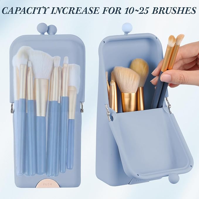 Kacctyen Makeup Brush Case Silicone Standing Makeup Brush Holder,Light Blue | Silicone Make up Travel Bag with Suction Portable Cosmetic Organizer Phone Stand Pouch for Travel Home Back to School Use