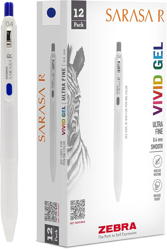 Zebra Pen, SARASA R Gel Pens, Blue Ink, 0.4mm Fine Point, Vivid Ink to Create Deep, Saturated Color and Smooth Gel Lines, Quick-Drying for Smear-Free Writing, Made in Japan, 12-Pack (47720)