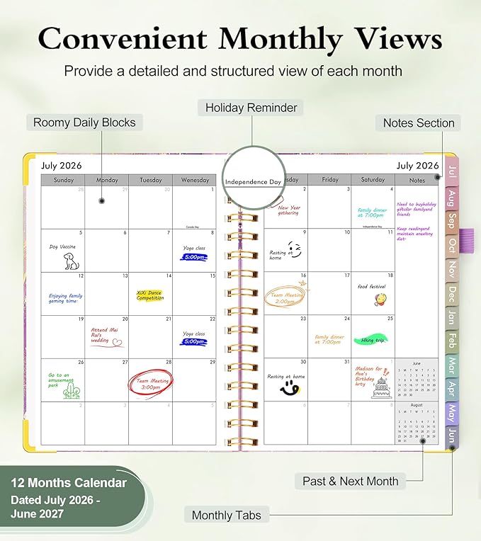 Academic Planner 2026-2027, Hardcover Weekly and Monthly Calendar Planner from July 2026 - June 2027, Daily Agenda Planners with Tabs, College School Organizer for Student Teacher, A5 (6.1" x 8.2"), Purple Marble