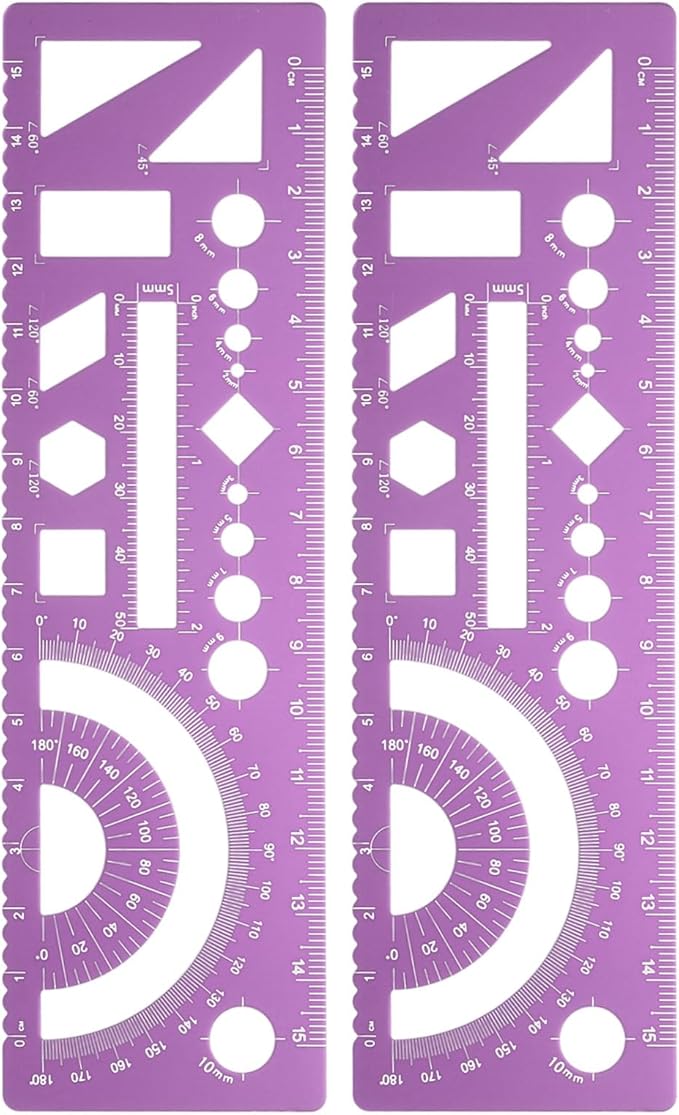 HARFINGTON 2pcs Multifunctional Geometric Rulers 15cm Metric and SAE Aluminum Straight Edge Protractor Angle Math Measuring Ruler Geometric Drawings Templates for Drawing Drafting, Rose