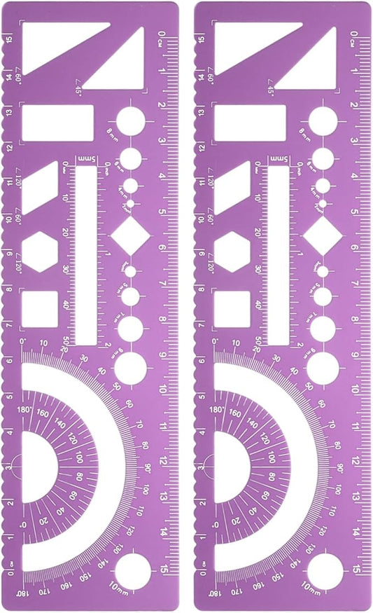 HARFINGTON 2pcs Multifunctional Geometric Rulers 15cm Metric and SAE Aluminum Straight Edge Protractor Angle Math Measuring Ruler Geometric Drawings Templates for Drawing Drafting, Rose