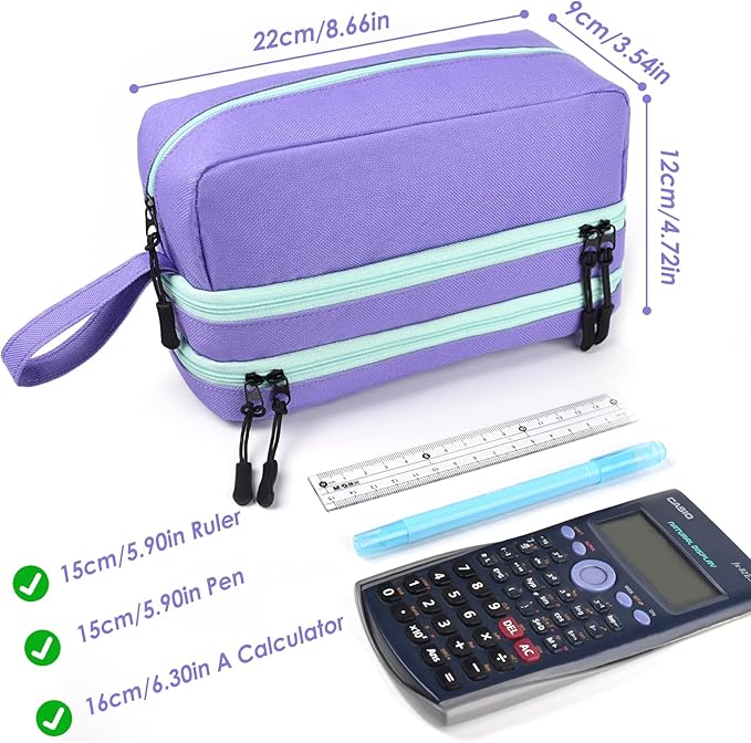 Genteen Large Capacity Pencil Case,Multifunction Pencil Pouch,Pencil Bags with Zipper 3 Compartments Pencil case organizer for or School Teen Girl Boy Men Women(Purple